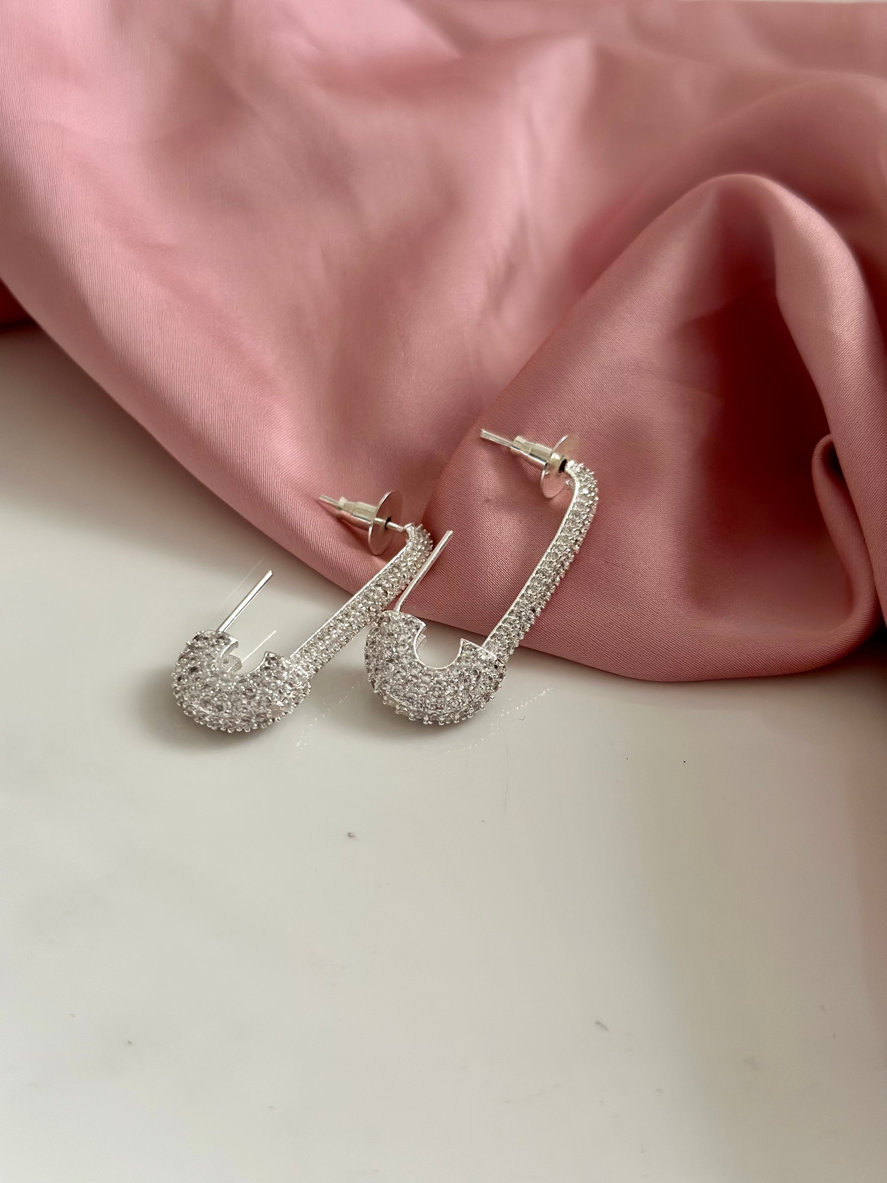 Safety Pin Pearl Earrings Silver